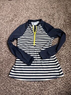 Boden Navy & White Striped Long Sleeve Rash Guard with Yellow Zip